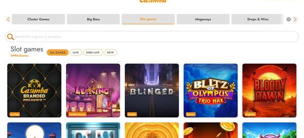 Casimba desktop casino lobby displaying slot games selection including Branded Megaways and Big Bass.